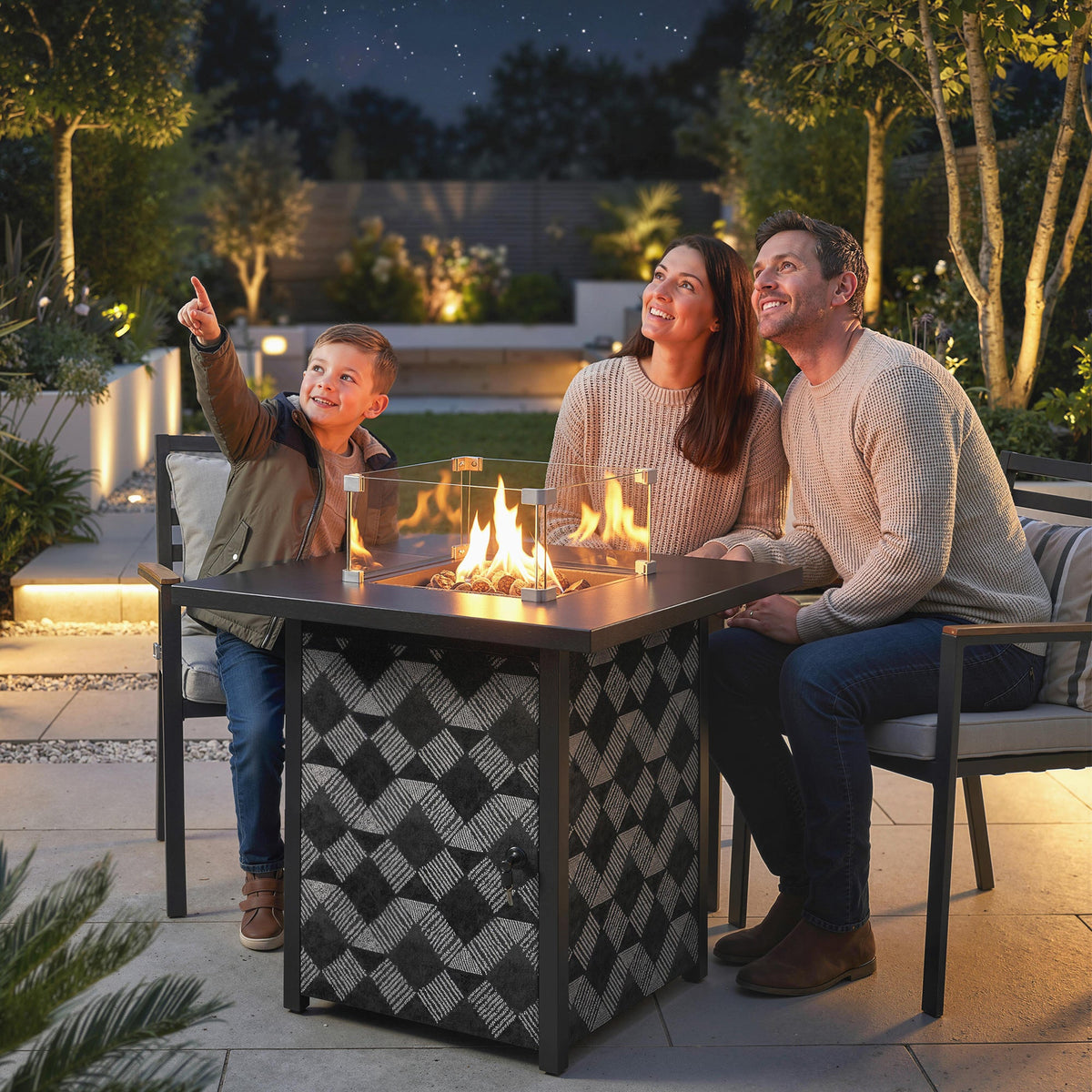 12 KW Square Propane Gas Fire Pit Table with Wind Guard, Black — product view 3