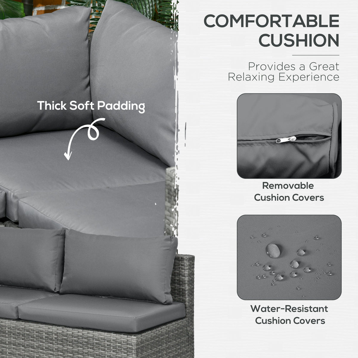 3 Piece PE Rattan Garden Furniture Set with Thick Cushions & Glass Table, Grey — product view 7