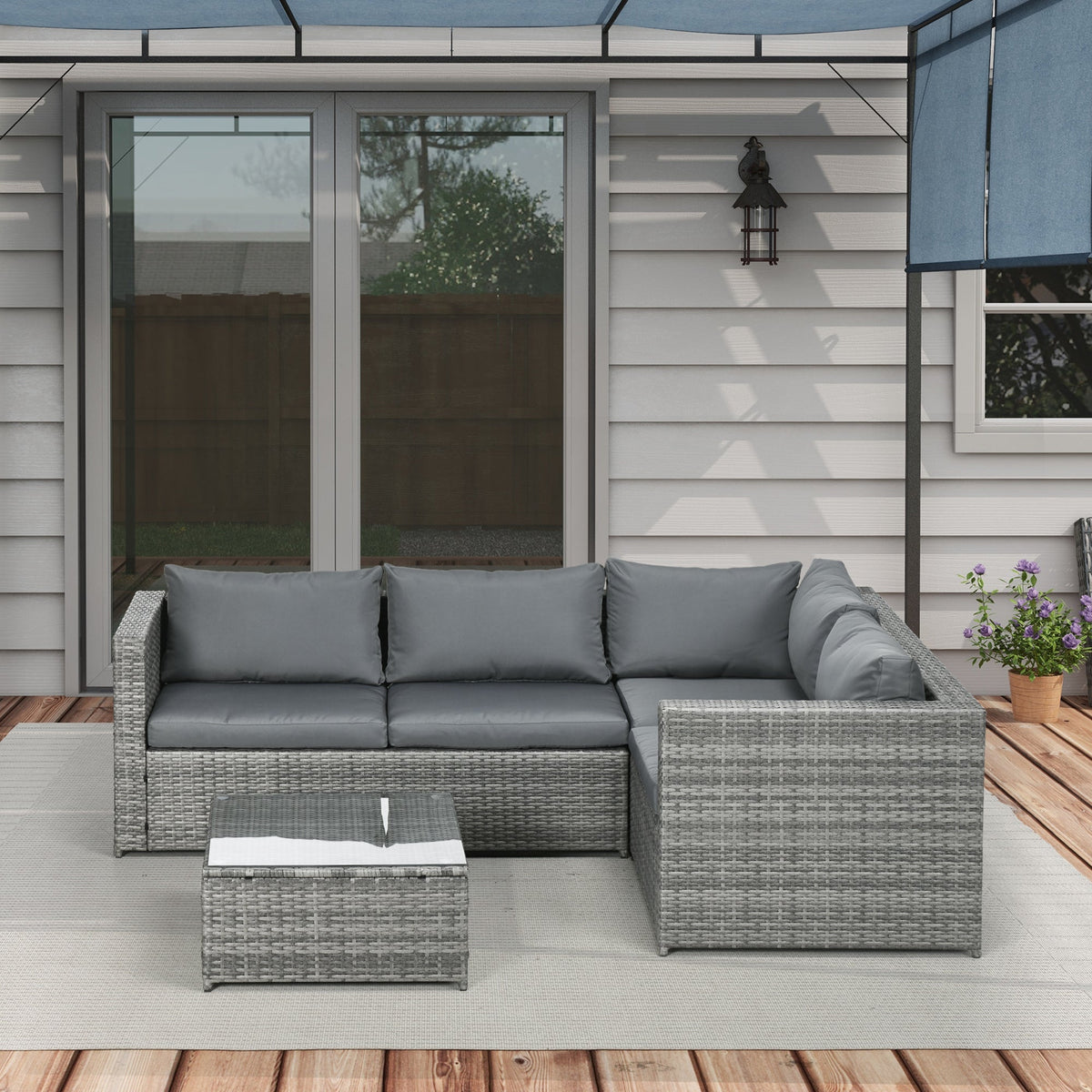 3 Piece PE Rattan Garden Furniture Set with Thick Cushions & Glass Table, Grey — product view 4