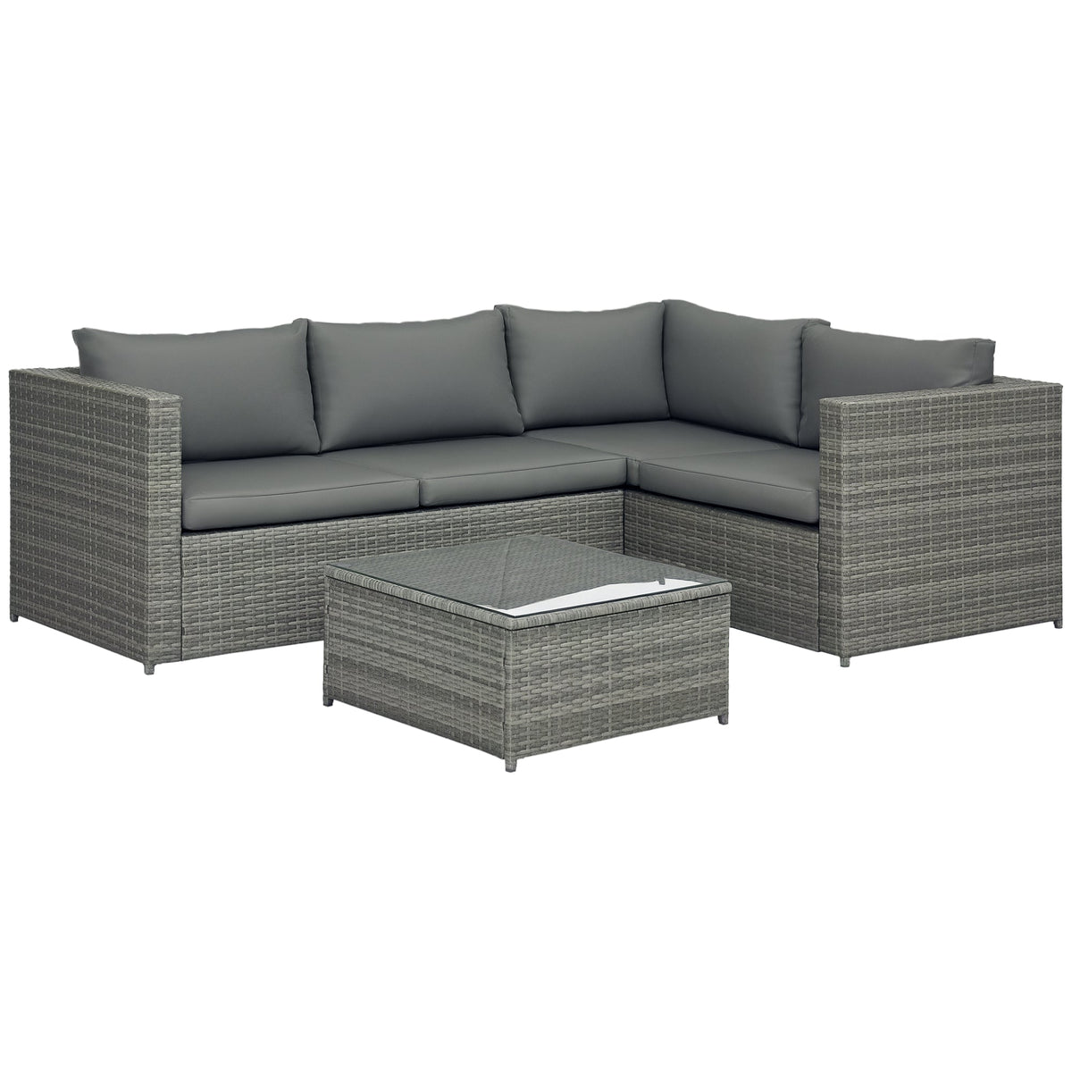 3 Piece PE Rattan Garden Furniture Set with Thick Cushions & Glass Table, Grey — product view 1