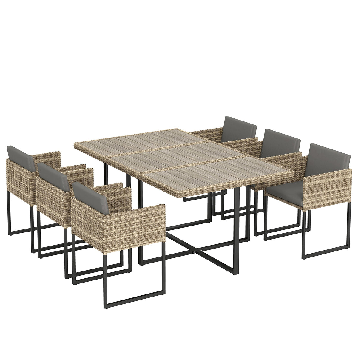 7-Piece Light Brown Rattan Dining Set with WPC Table, 6 Chairs & 12 Cushions — product view 1