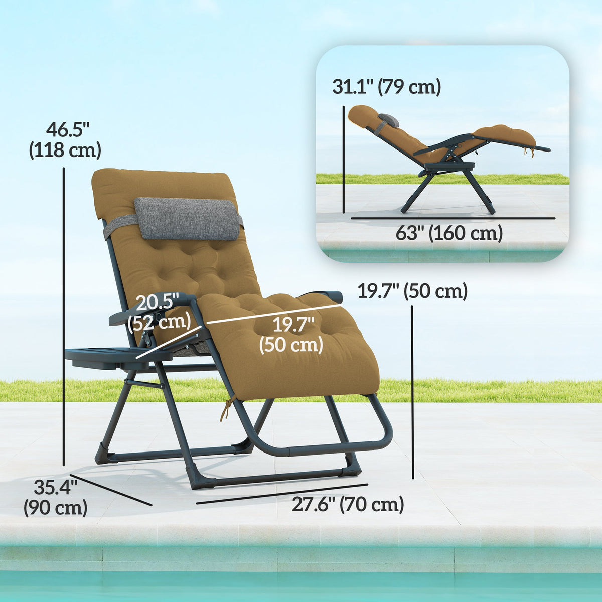 Padded Zero Gravity Chair with Cup Holder and Cushion, Light Khaki — product view 5