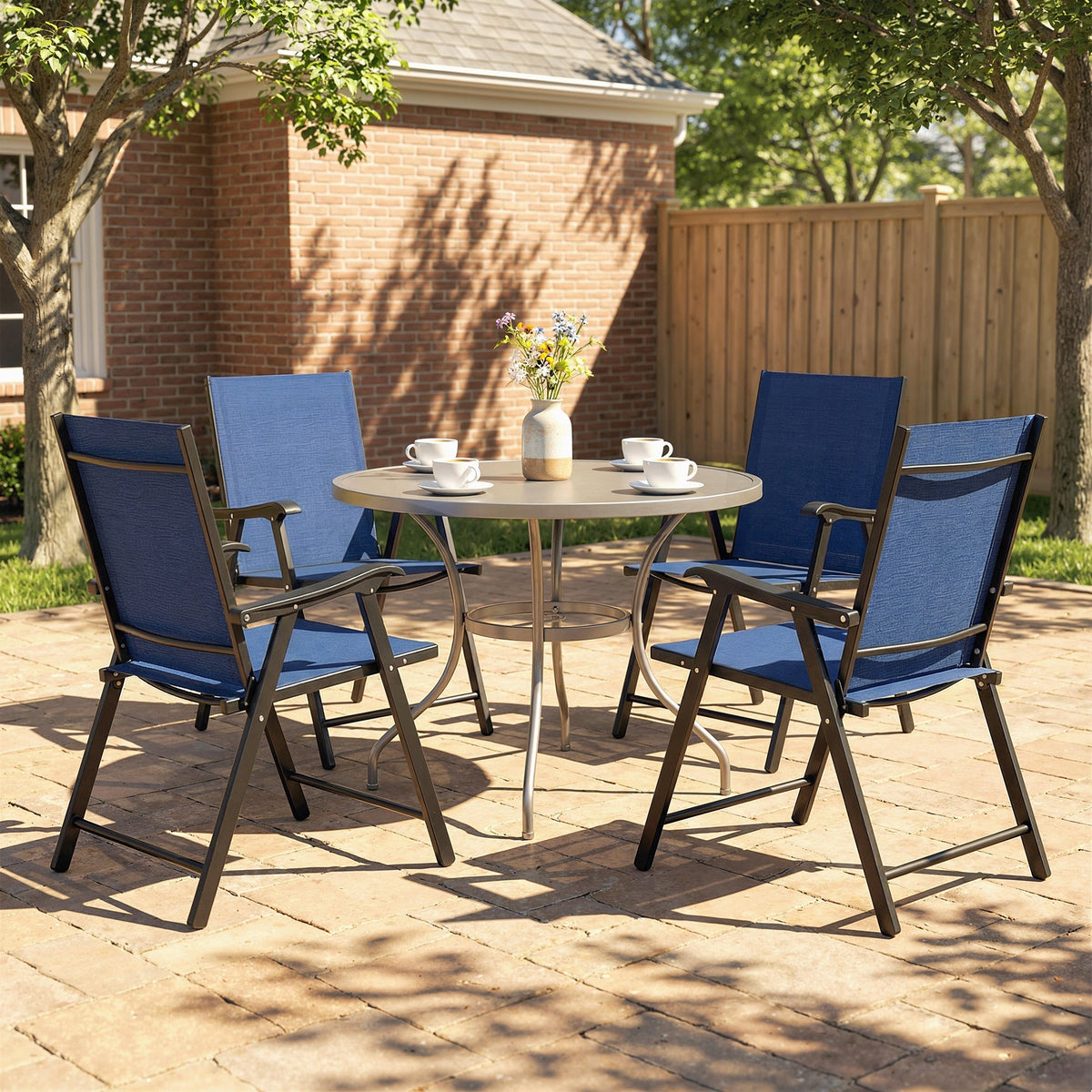 Set of 4 Folding Garden Chairs with High Back and Armrests, Navy Blue — product view 3