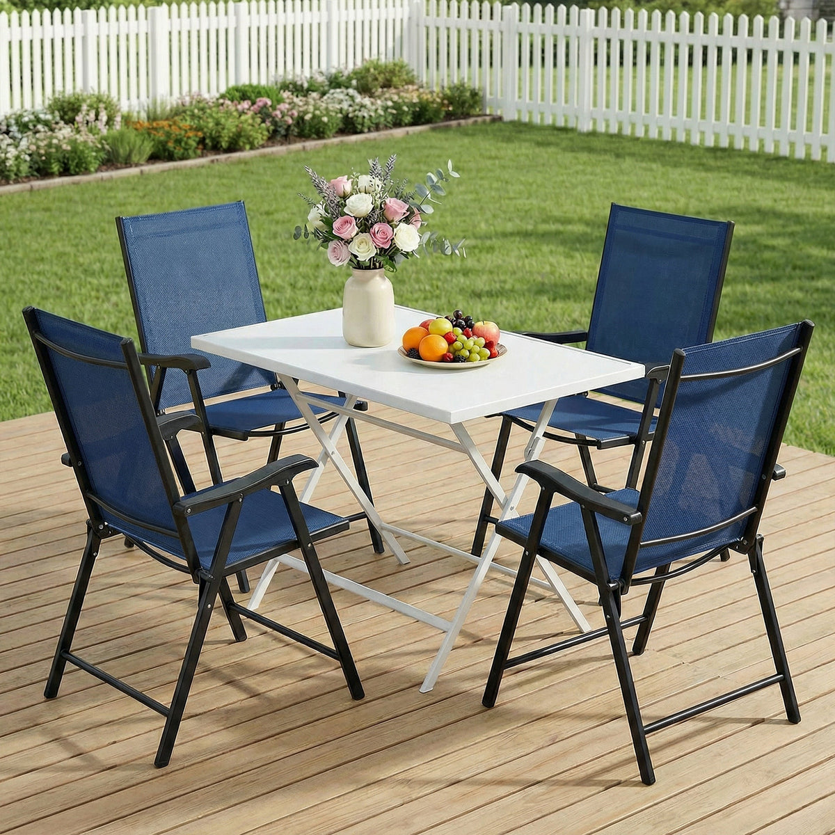 Set of 4 Folding Garden Chairs with High Back and Armrests, Navy Blue — product view 4