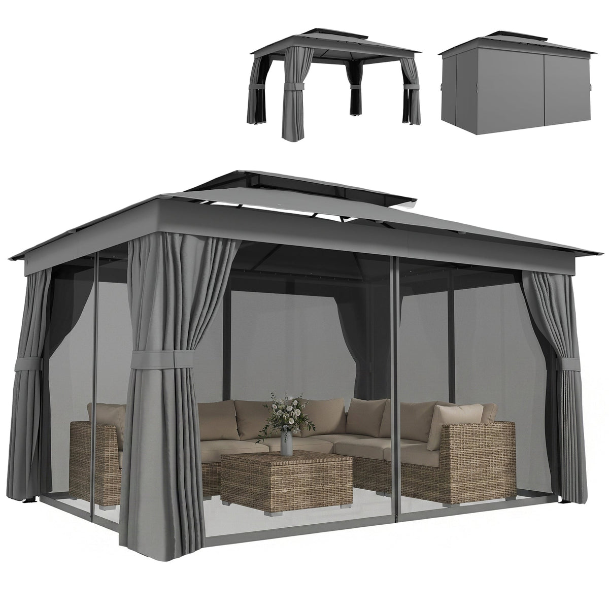 10' x 12.5' Outdoor Gazebo with Double Roof, Curtains and Netting, Dark Grey — product view 1