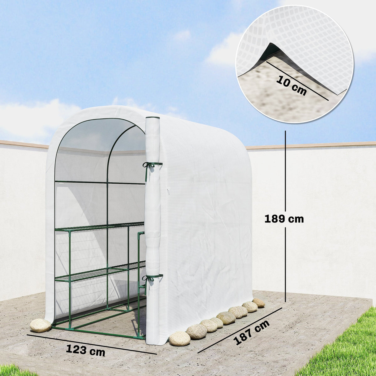 Walk-in Greenhouse with Shelves with PE Cover, 123 x 187 x 189 cm, White — product view 5