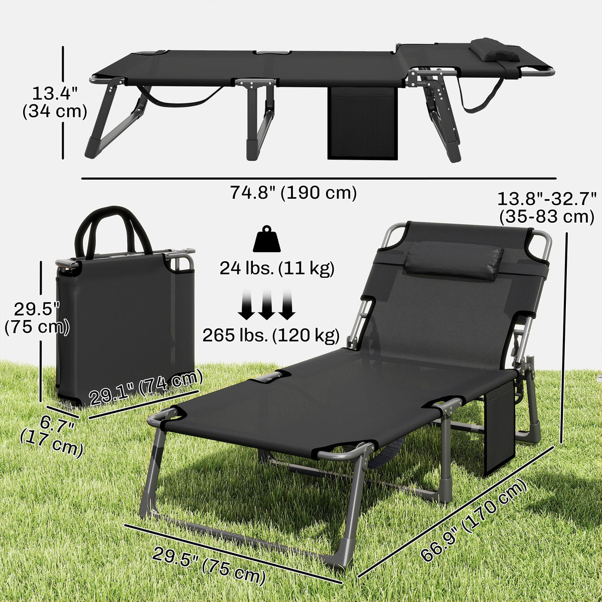 Folding Lounge Chair, 75 cm Wide with Cushion and Side Pocket, Dark Grey — product view 5