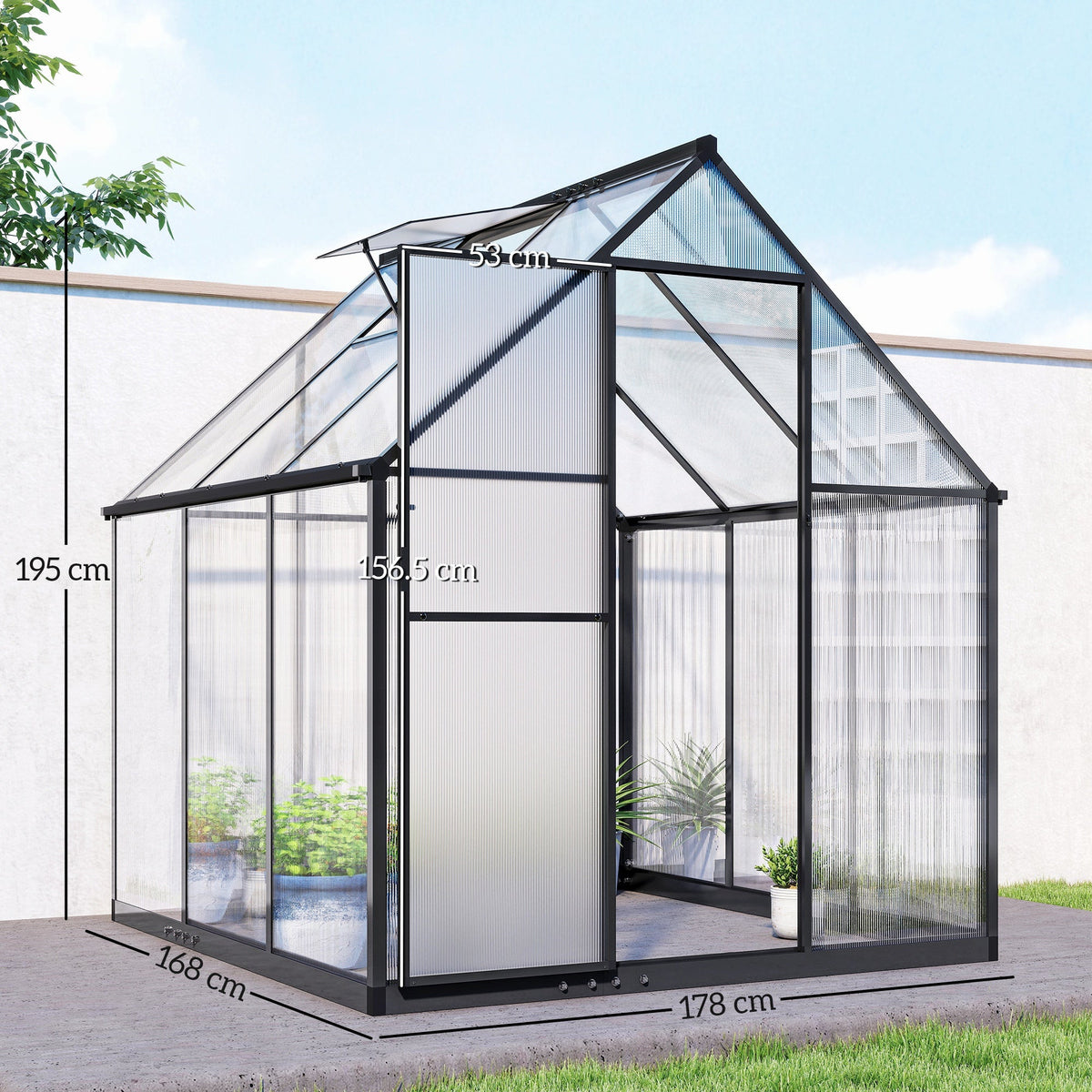 6 x 6.5ft Polycarbonate Greenhouse with Swing Door & Window, Black — product view 5