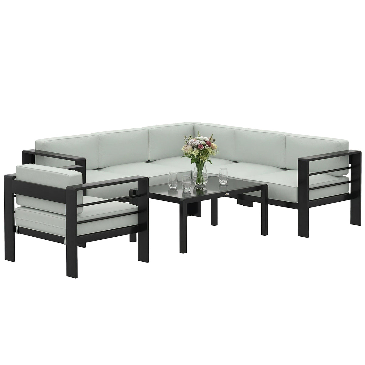 5 Piece Aluminium Garden Corner Sofa Set with Glass Top Table, Light Grey — product view 1