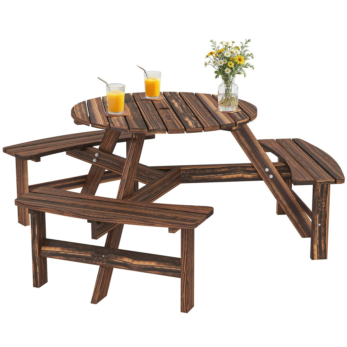 6 Seater Wooden Garden Picnic Table Set with Matching Bench, Carbonized — product view 2