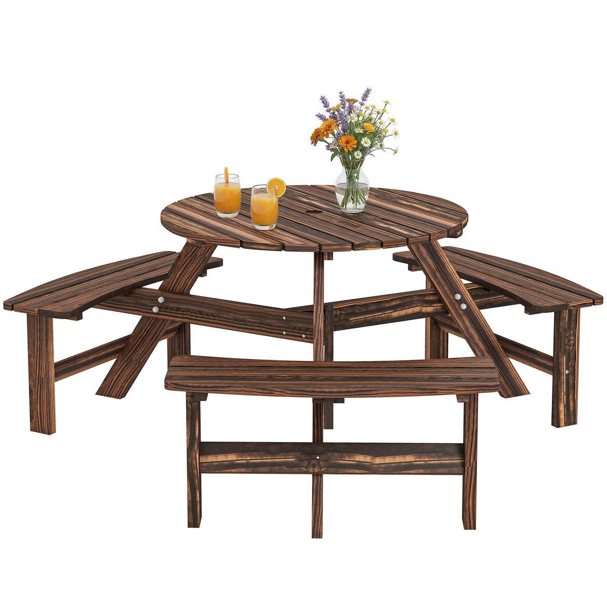 6 Seater Wooden Garden Picnic Table Set with Matching Bench, Carbonized — product view 1