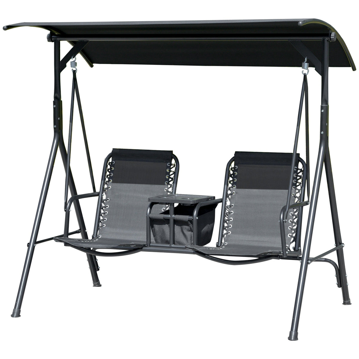 2 Person Porch Swing with Pivot Table, Cup Holder and Canopy, Black — product view 2
