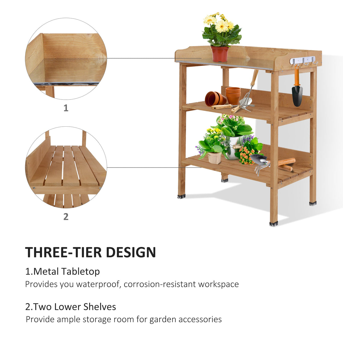 Wooden Potting Bench with Metal Top, Shelf and Hooks, Natural — product view 6