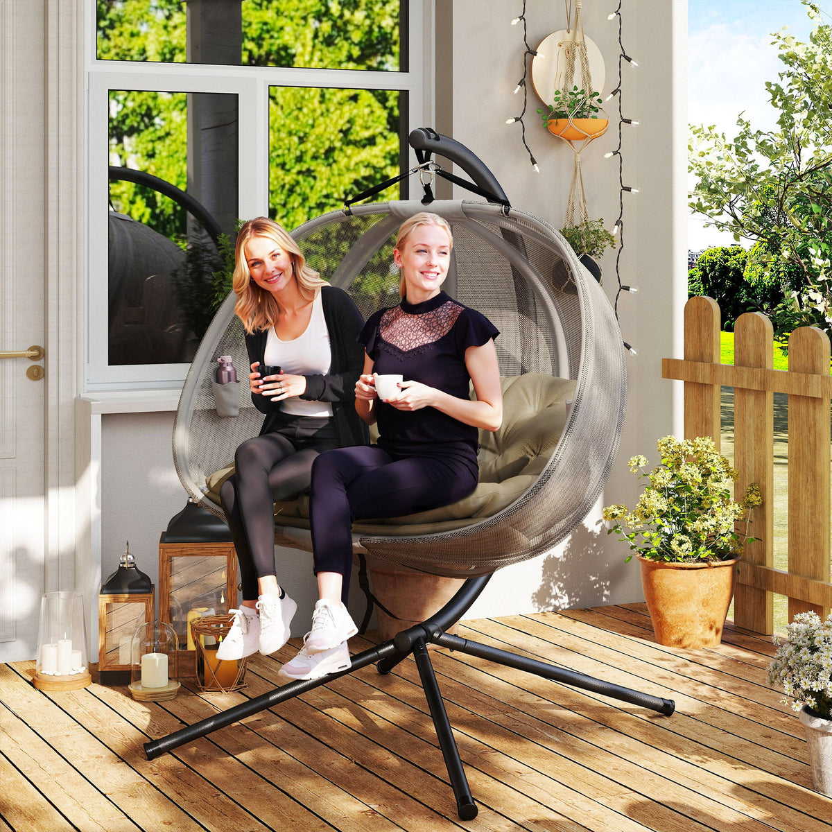 2-Person Double Egg Chair with Stand, 528 lbs Capacity, Cushioned Loveseat, Khaki — product view 4