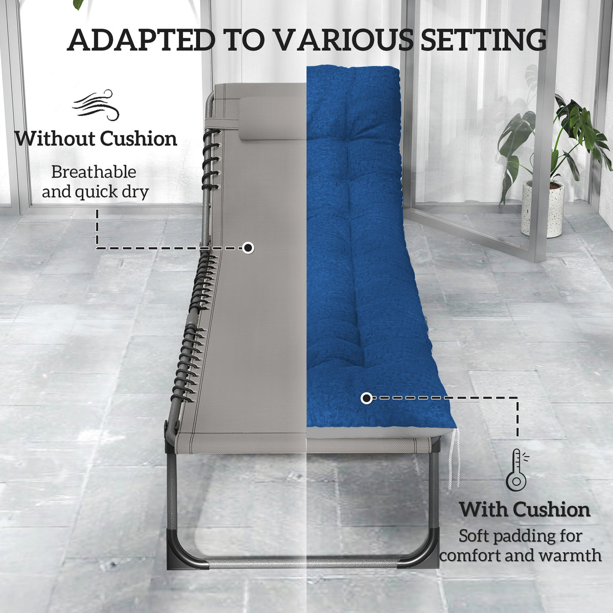 Set of 2 Folding Lounge Chairs with Cushion and Side Pocket, Brown/Blue — product view 7