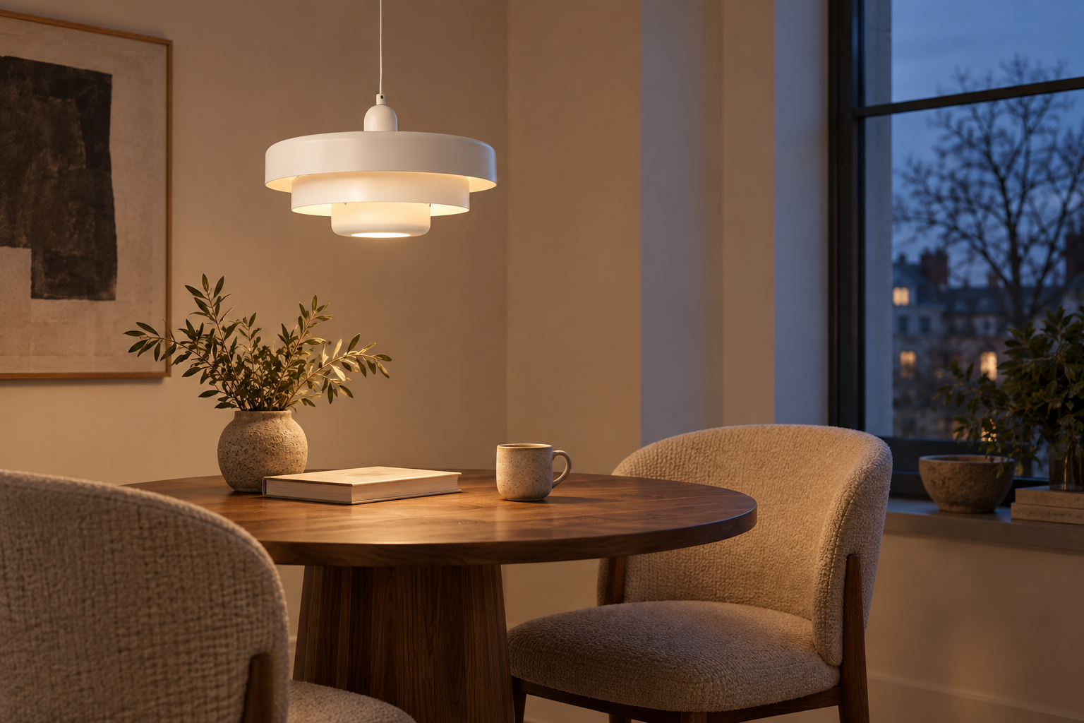 Warm pendant lighting over a dining table at dusk