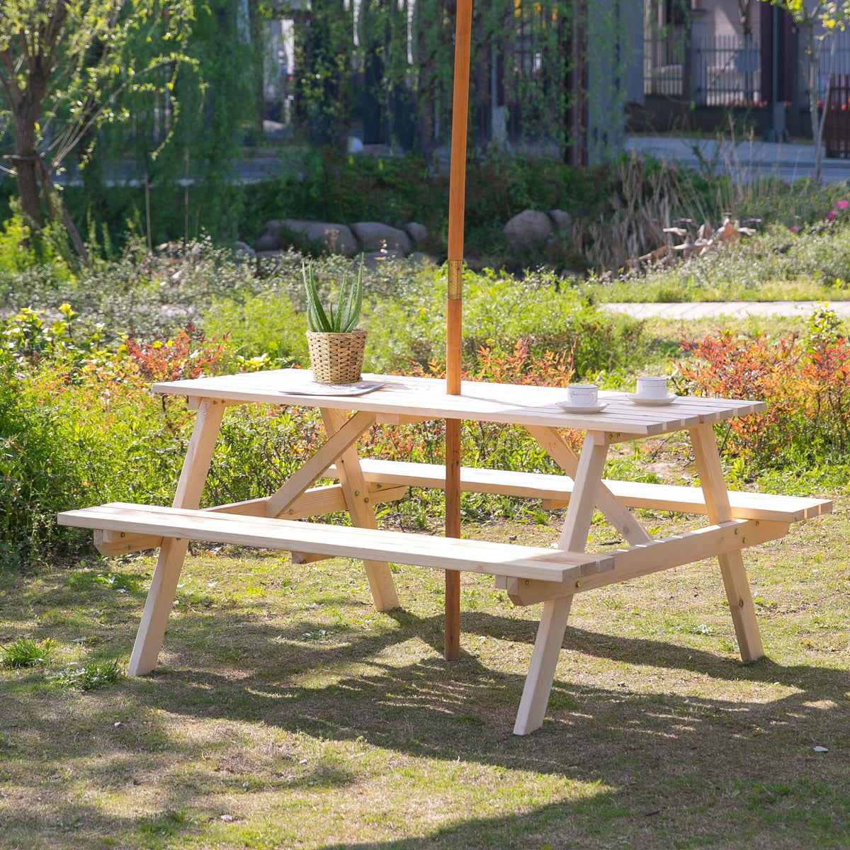 150 cm 6 Seater Wooden Picnic Table Bench with Parasol Hole, Natural Wood — product view 3