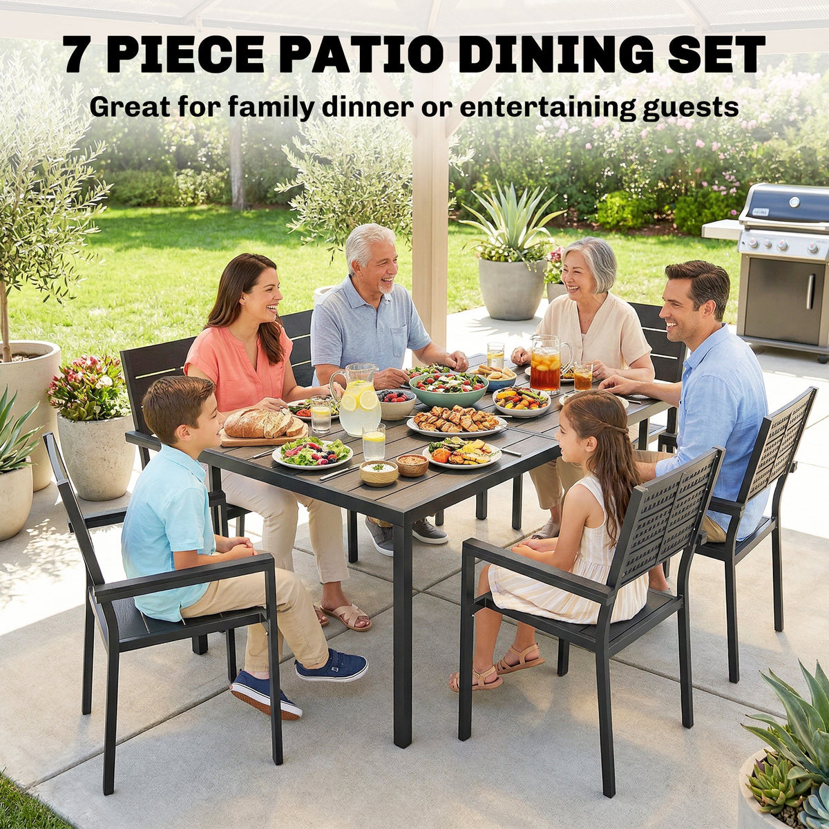7-Piece Outdoor Dining Set with Slatted Tabletop and Metal Frame for 6, Black — product view 6