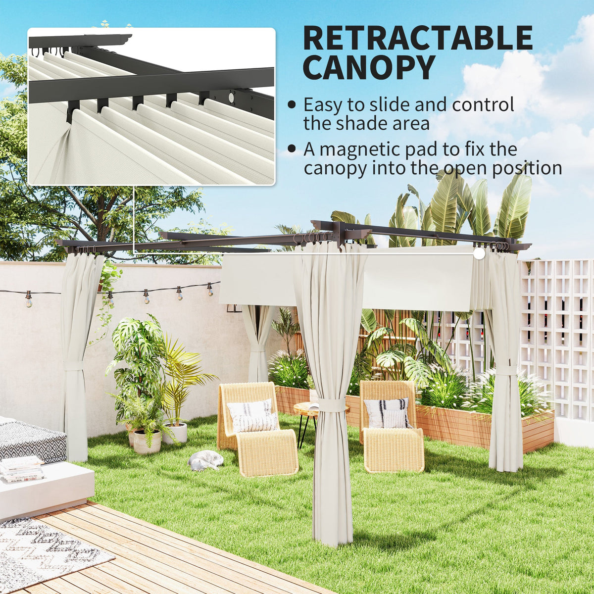 10' x 13' Retractable Pergola Canopy with Curtains, Cream White — product view 6