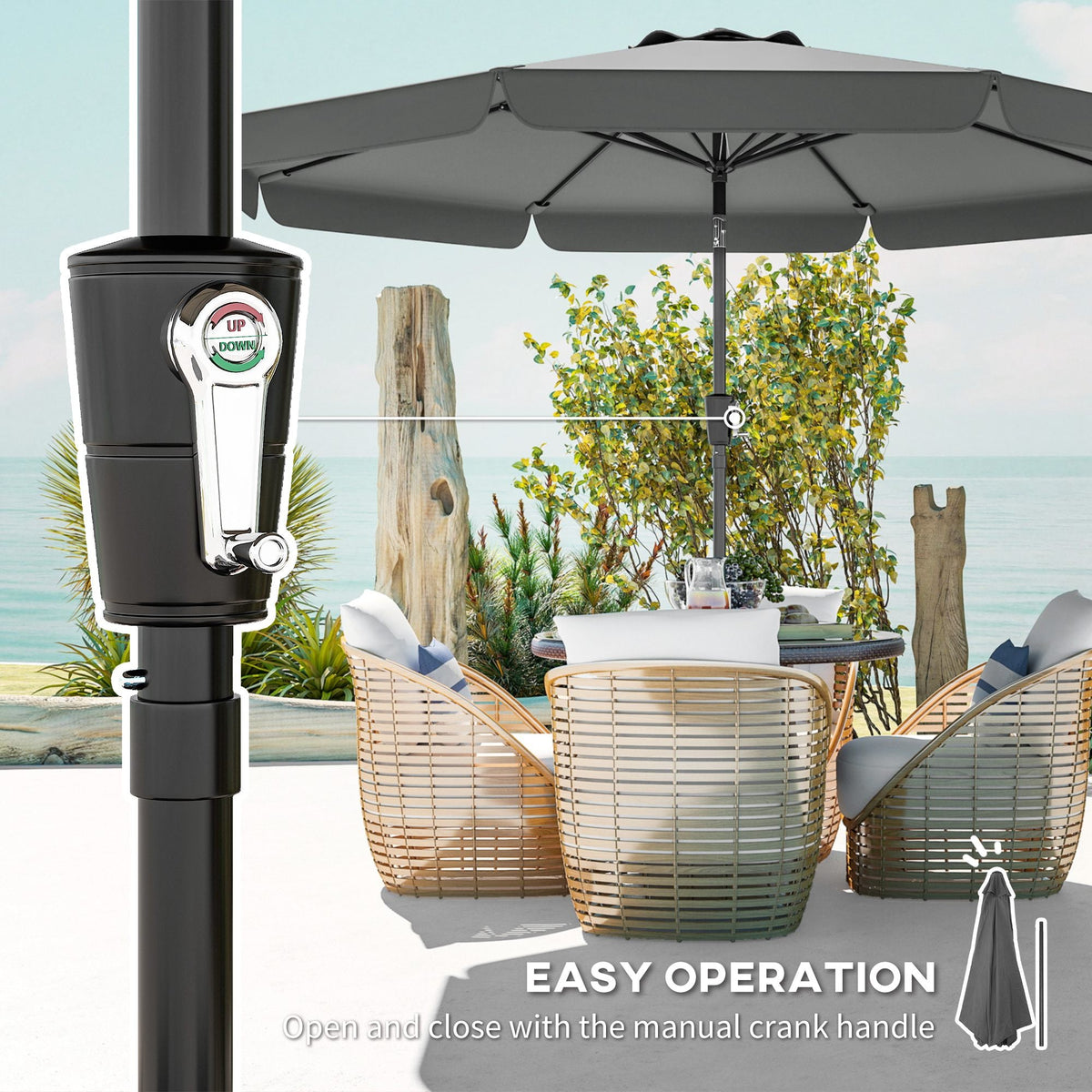 10ft Patio Umbrella with Push Button Tilt and Crank, Dark Grey — product view 7