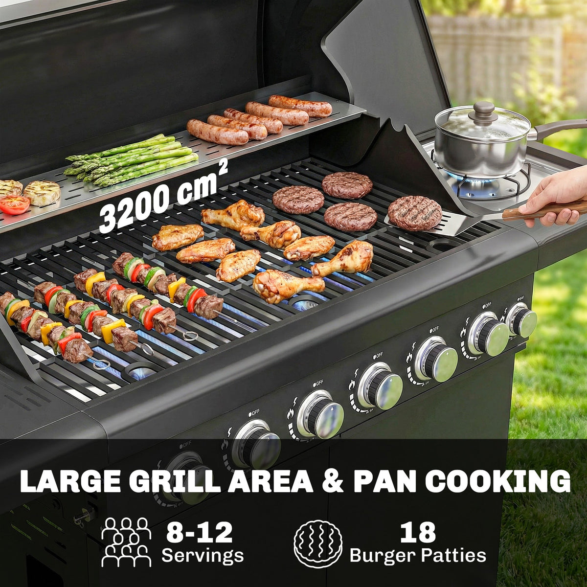 6+1 Burner Gas BBQ Grill with Cabinet and Viewing Window, Black — product view 6