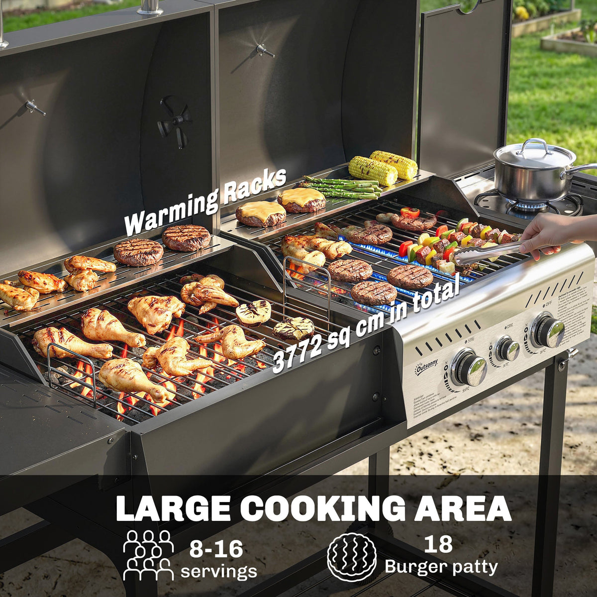Dual Fuel BBQ Grill with Charcoal and 2+1 Gas Burners, Black — product view 7