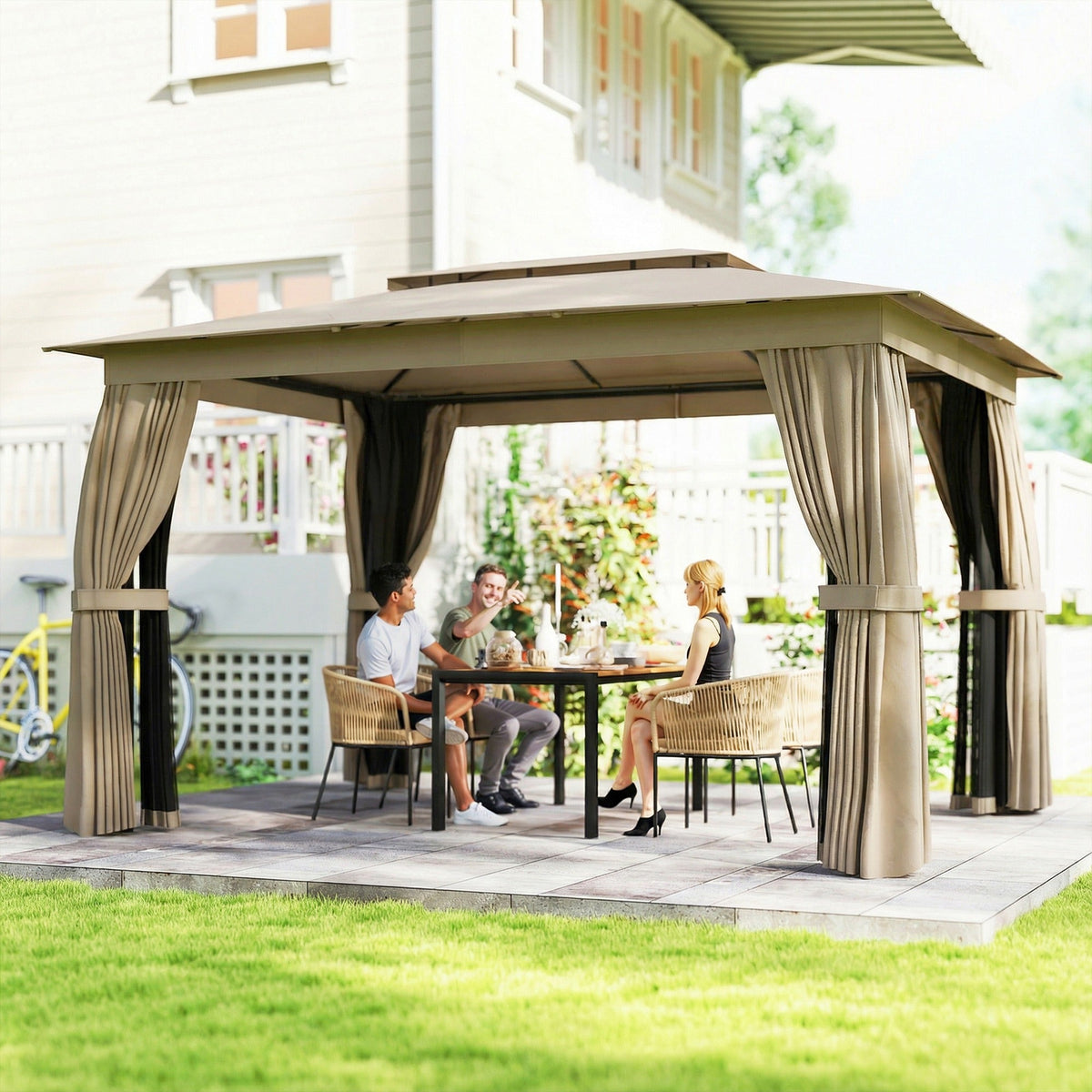 10' x 12' Soft Top Gazebo Canopy Shelter with Double Roof, Curtains, UPF30+ Protection, Deck, Khaki — product view 3