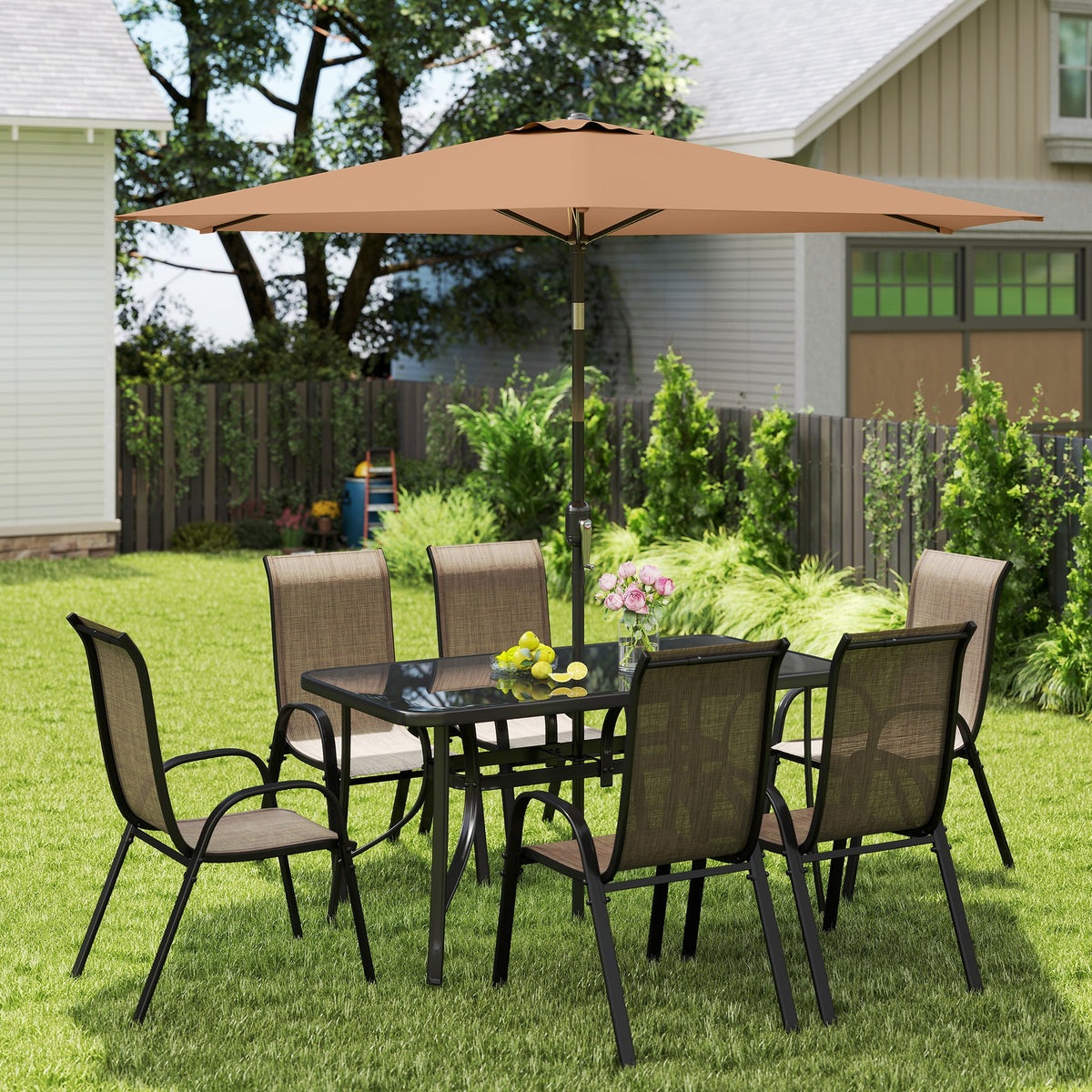 8-Piece Patio Dining Set with 9 Ft Umbrella, Mixed Brown — product view 3