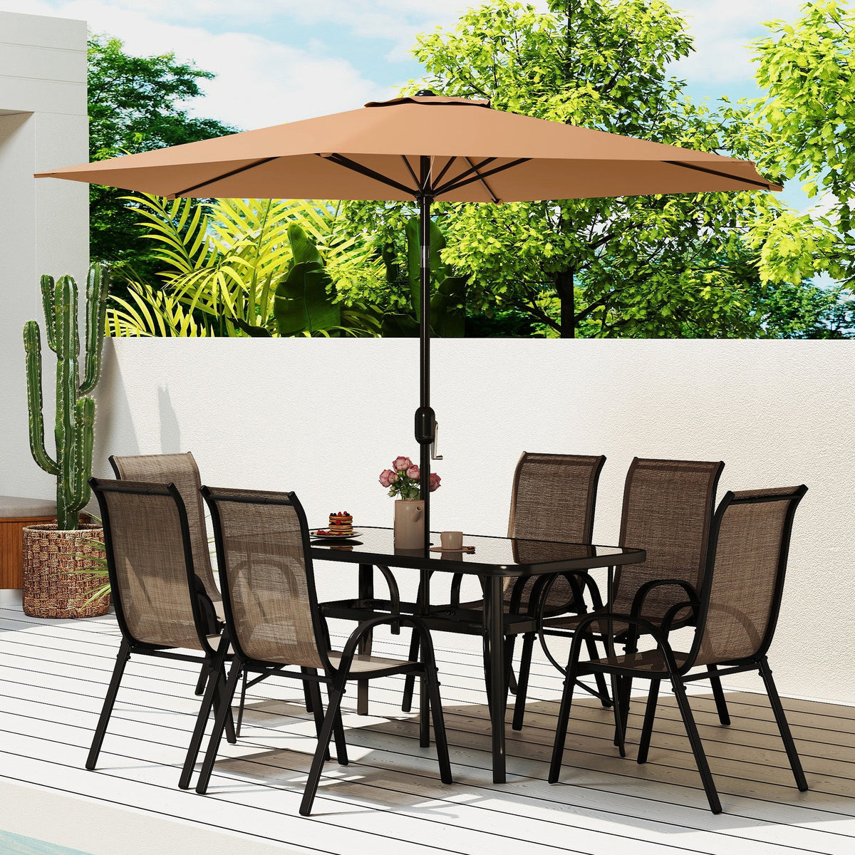 8-Piece Patio Dining Set with 9 Ft Umbrella, Mixed Brown — product view 4
