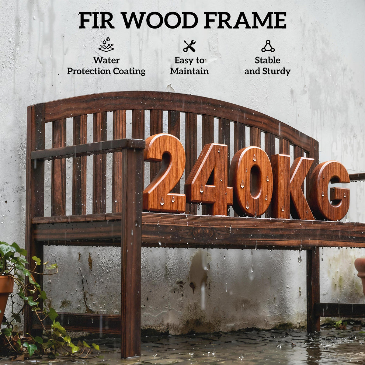 2 Seater Wooden Garden Bench with Armrests, Carbonised Finish — product view 7