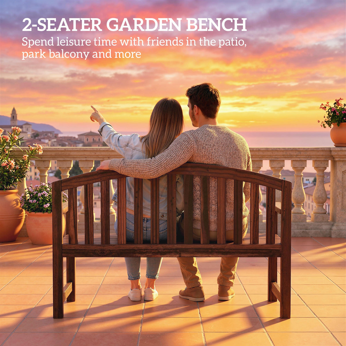 2 Seater Wooden Garden Bench with Armrests, Carbonised Finish — product view 6