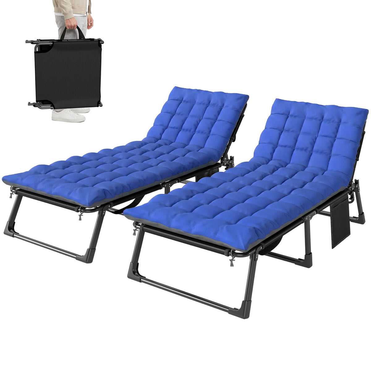 Set of 2 Folding Lounge Chairs, 75 cm Wide with Cushion and Side Pocket, Dark Grey/Blue — product view 1