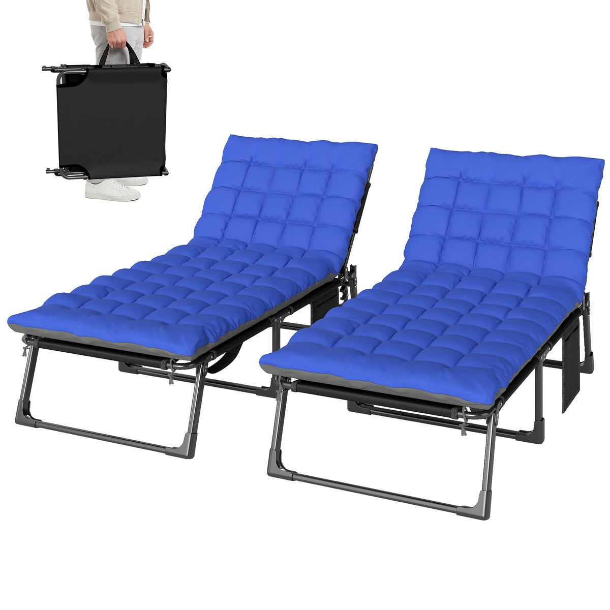 Set of 2 Folding Lounge Chairs, 75 cm Wide with Cushion and Side Pocket, Dark Grey/Blue — product view 2
