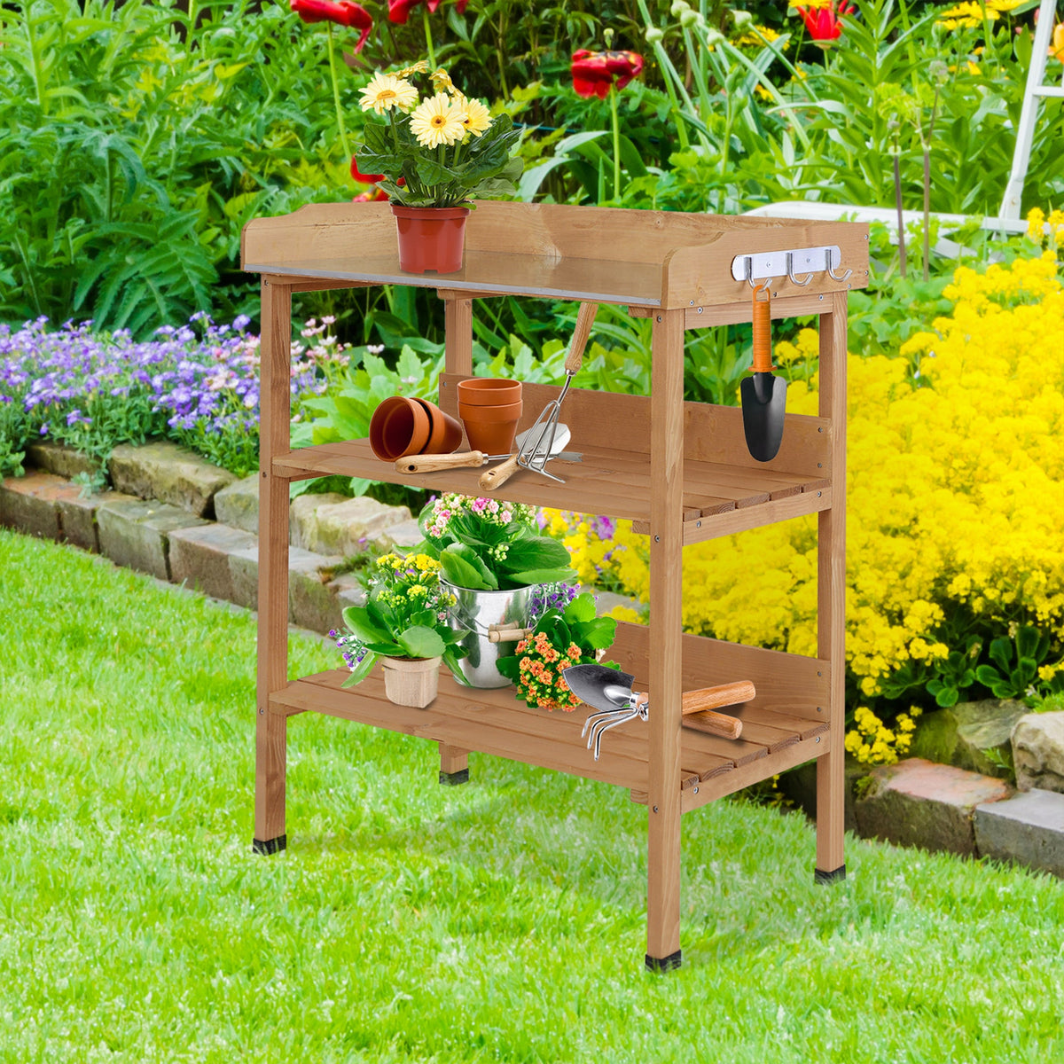 Wooden Potting Bench with Metal Top, Shelf and Hooks, Natural — product view 4