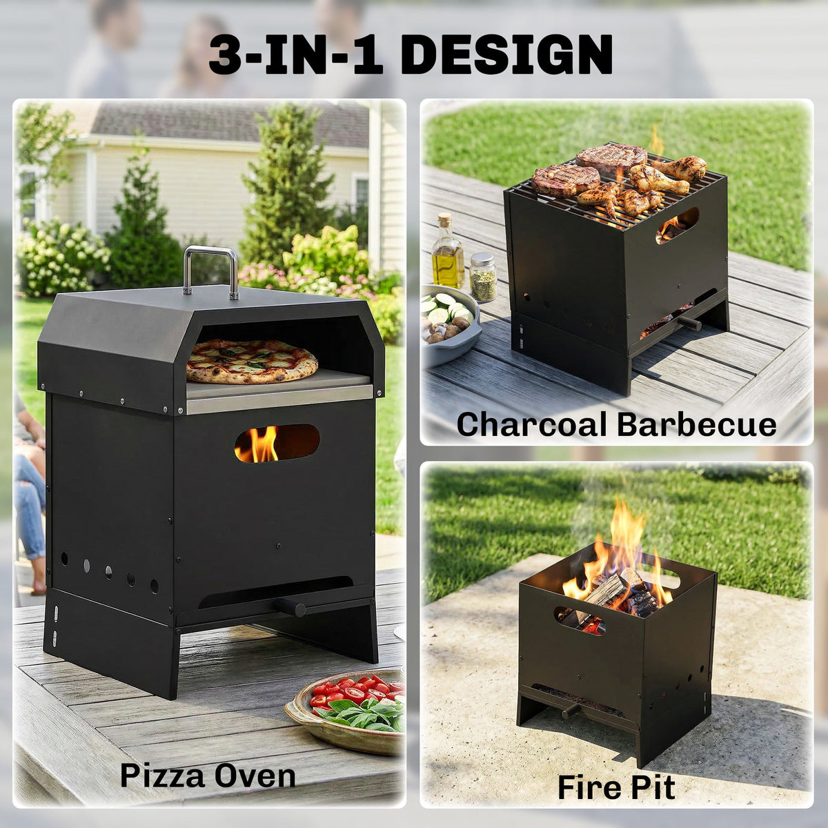 3-in-1 Wood-Fired Pizza Oven with Stone & Peel for Charcoal Grill, Black — product view 6