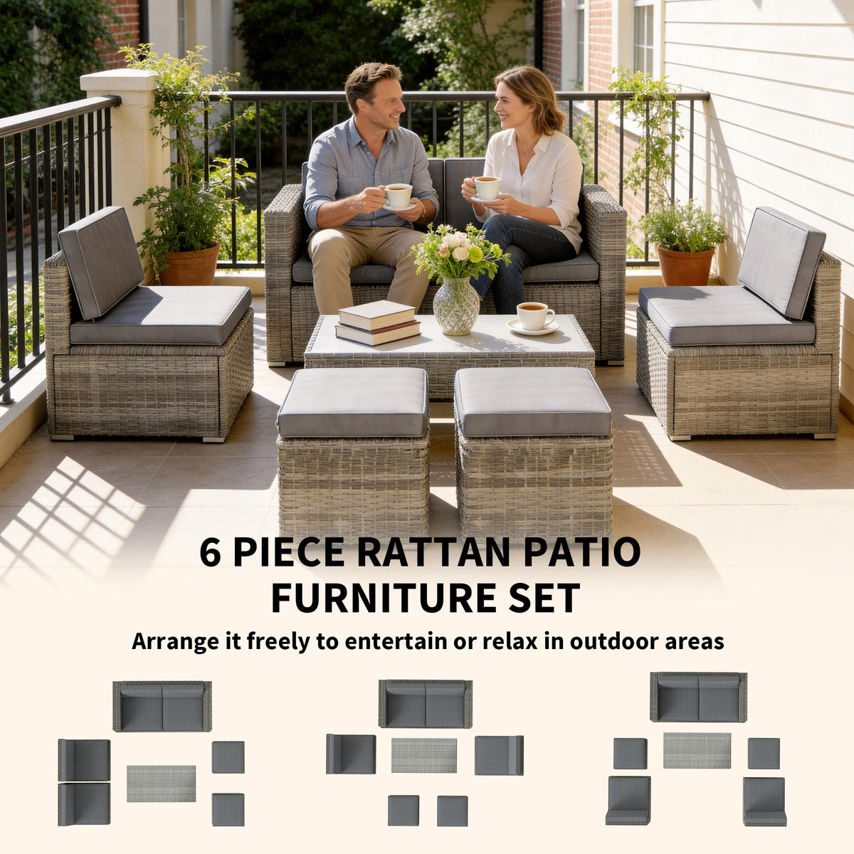 6 Piece Rattan Nesting Patio Set with Loveseat and Footstools, Dark Grey — product view 6