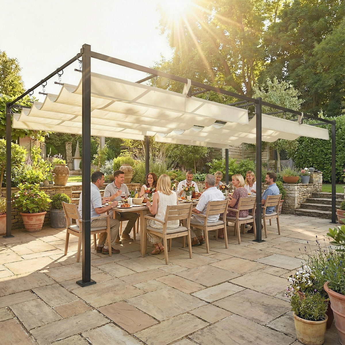 19' x 10' Pergola with Retractable Canopy, Cream White — product view 3
