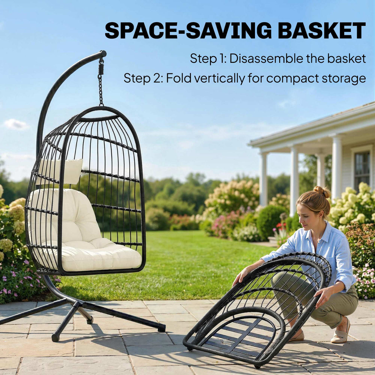 Hanging Egg Chair with Stand, Foldable Basket & Thick Cushion, Adjustable Height — product view 7