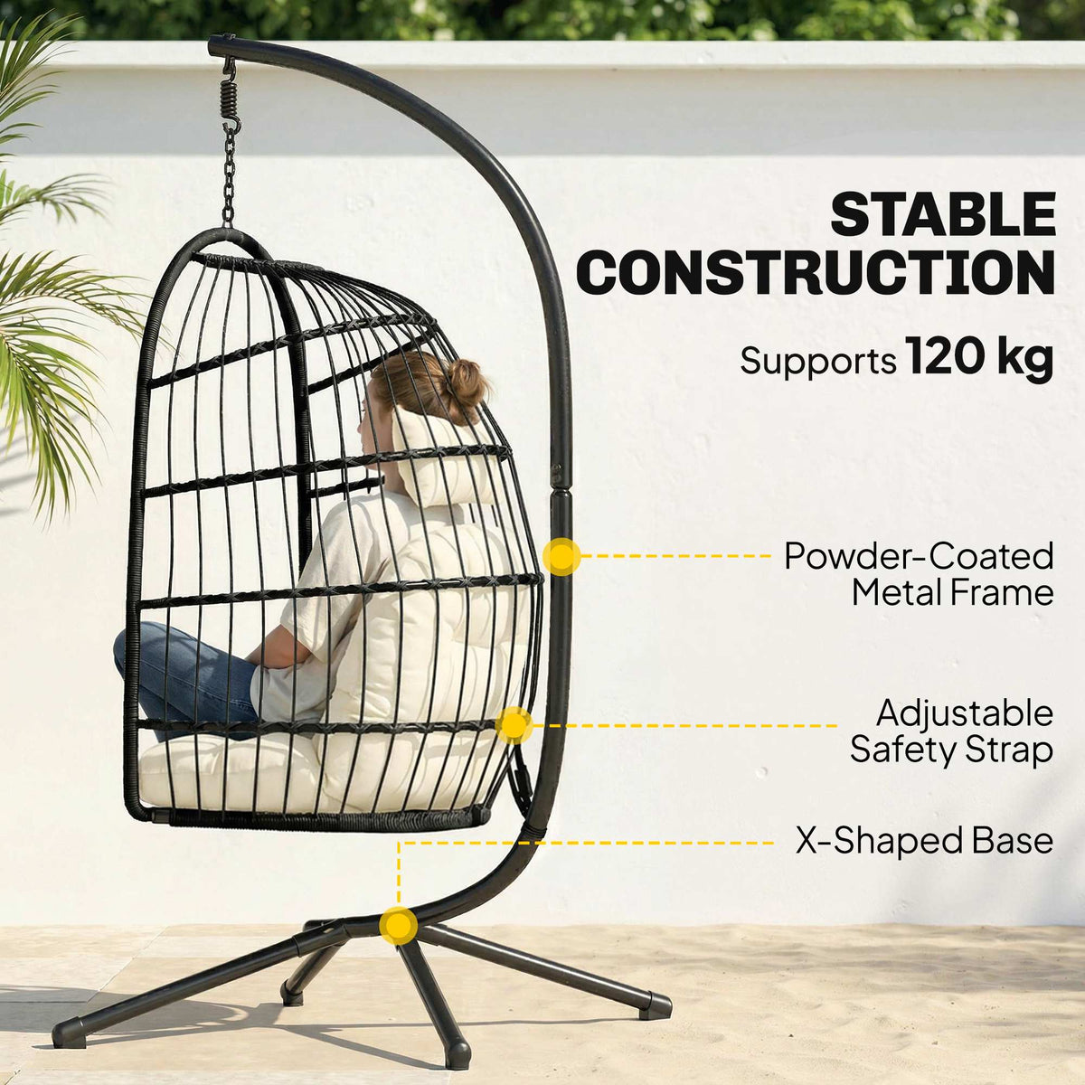 Hanging Egg Chair with Stand, Foldable Basket & Thick Cushion, Adjustable Height — product view 6