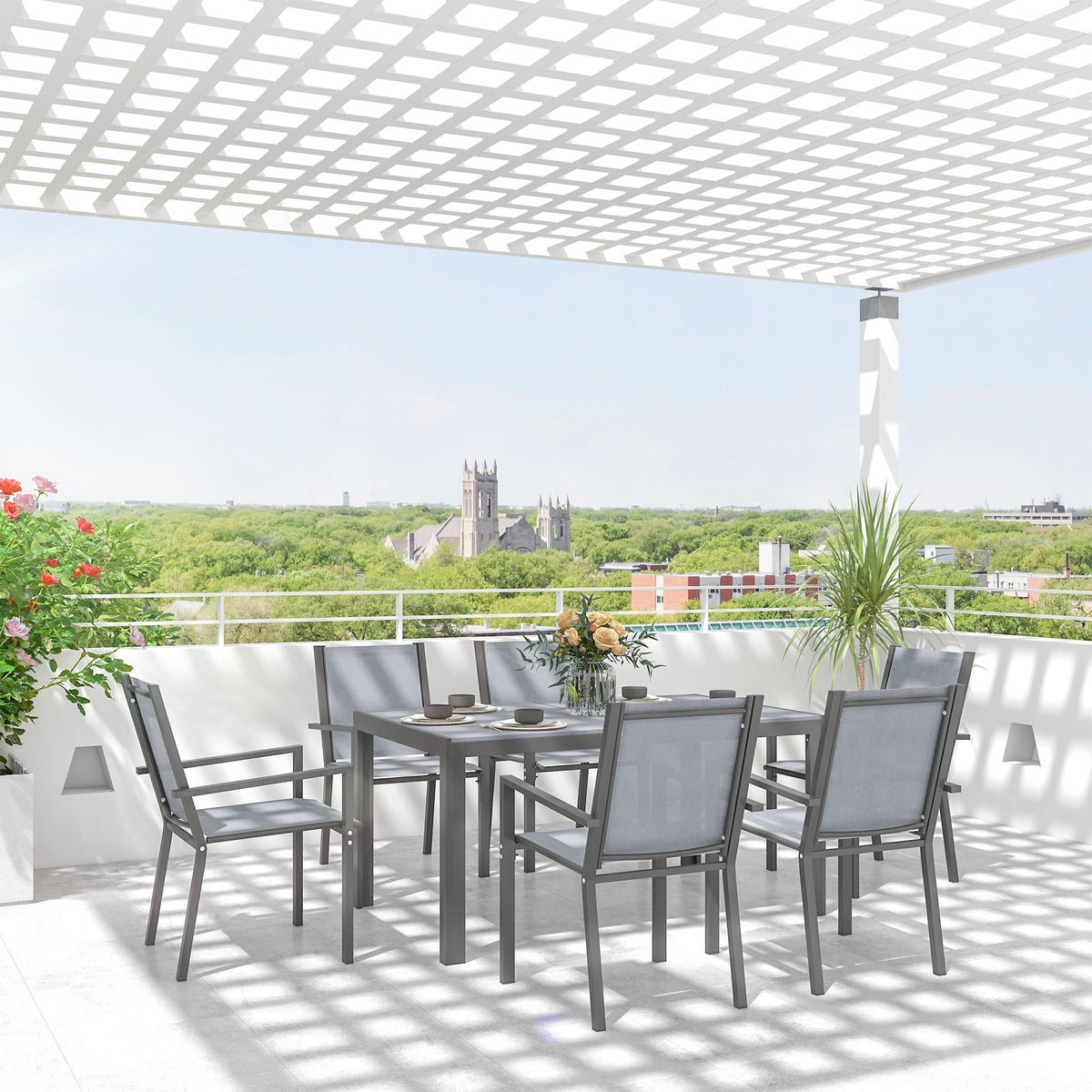7pc Patio Dining Set with WPC Table and 6 Stackable Chairs, Light Grey — product view 4