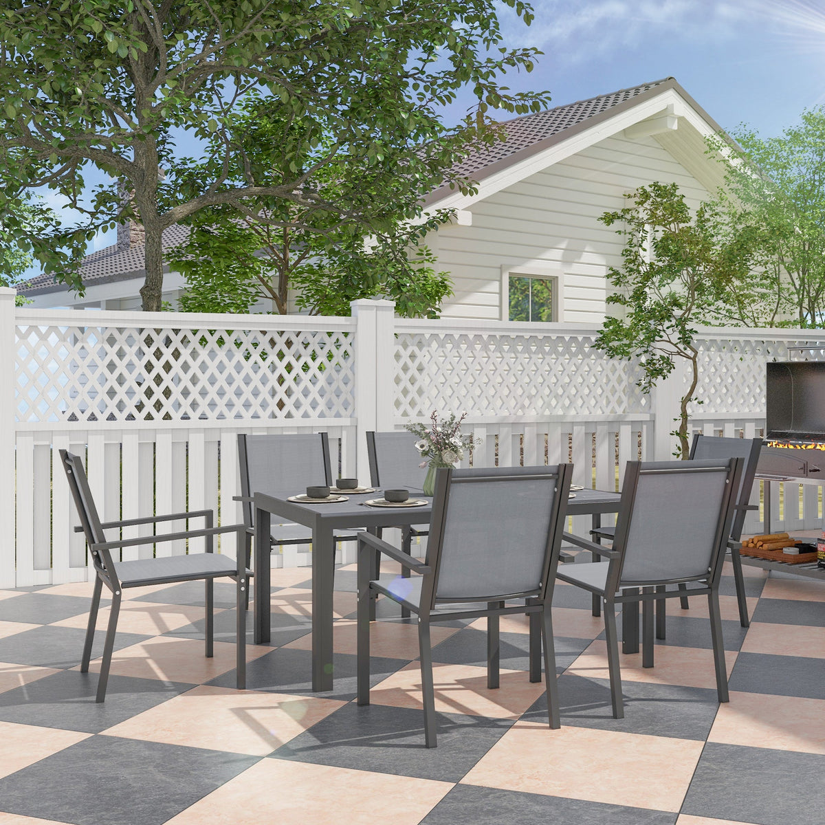 7pc Patio Dining Set with WPC Table and 6 Stackable Chairs, Light Grey — product view 3