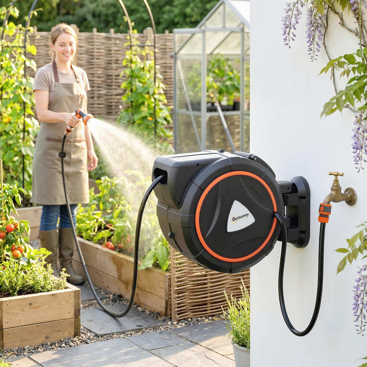 28+2m Retractable Wall-Mount Hose Reel with Auto Retraction & 180° Swivel, Orange — product view 4