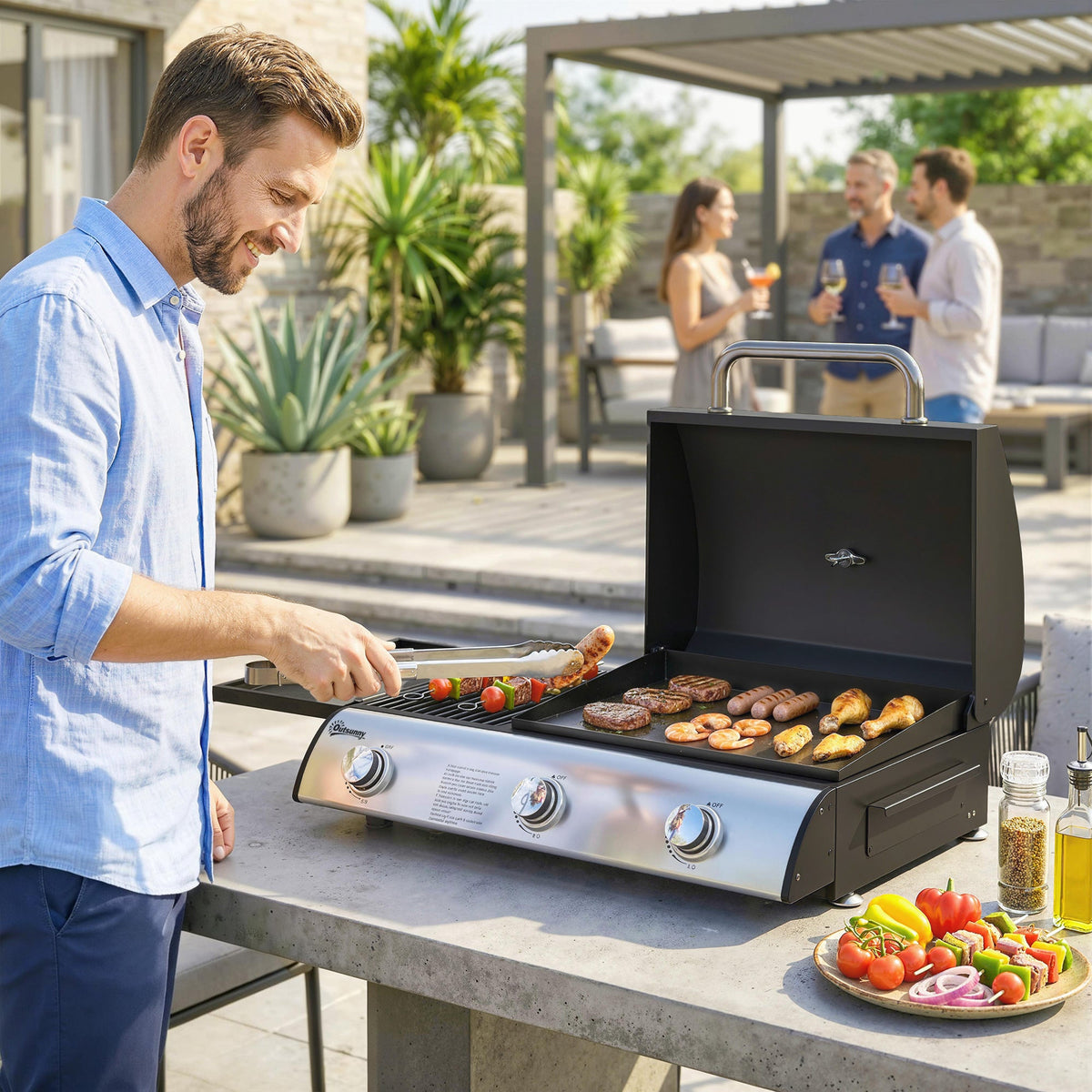 3-Burner Portable Gas Plancha Grill 8.1 kW with Griddle & Side Shelf, Black — product view 3