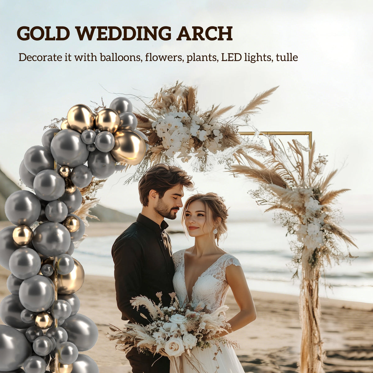 6.6ft Square Wedding Arch Backdrop Stand with Stakes, Gold — product view 6