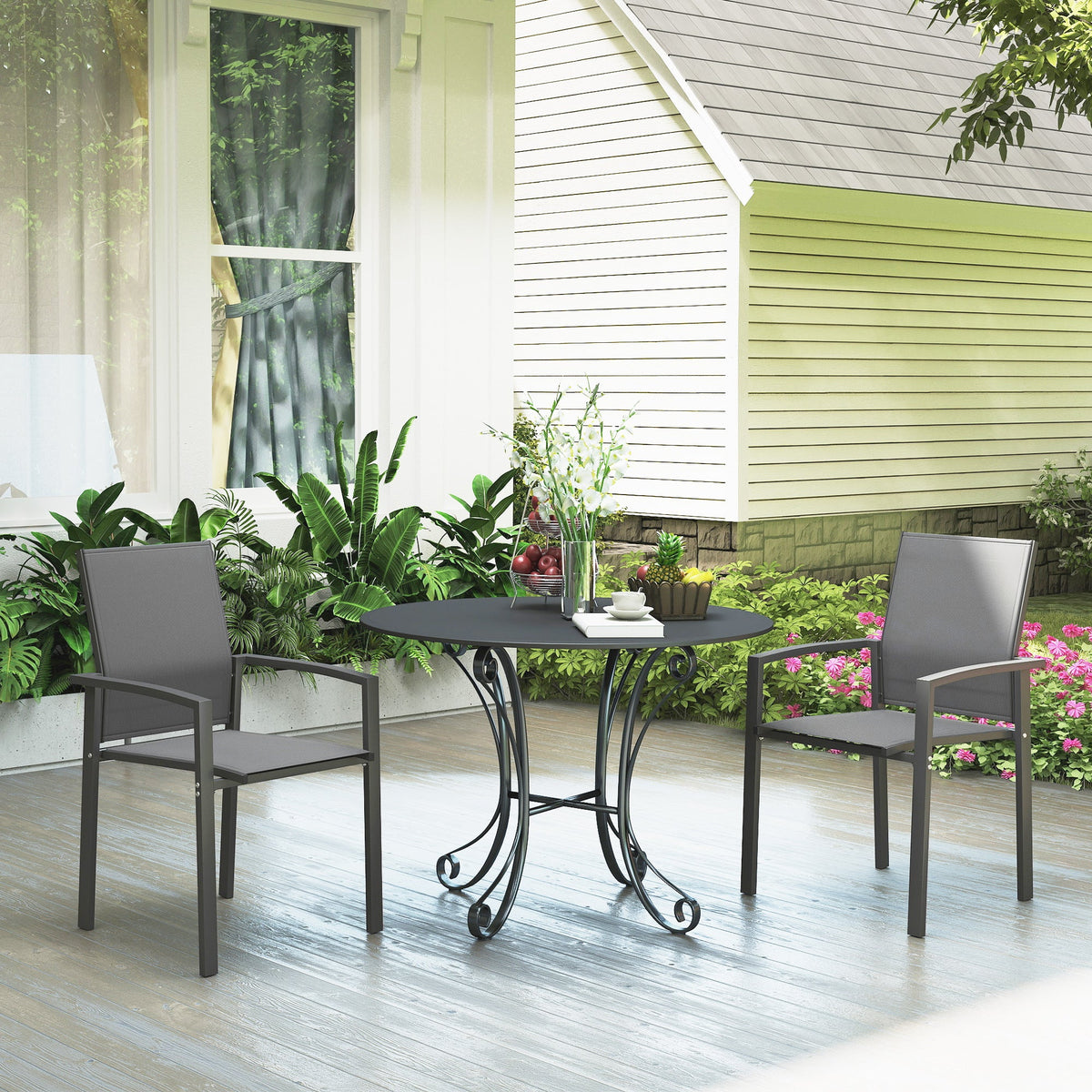 Set of 2 Stackable Patio Dining Chairs with Mesh Seat, Dark Grey — product view 4
