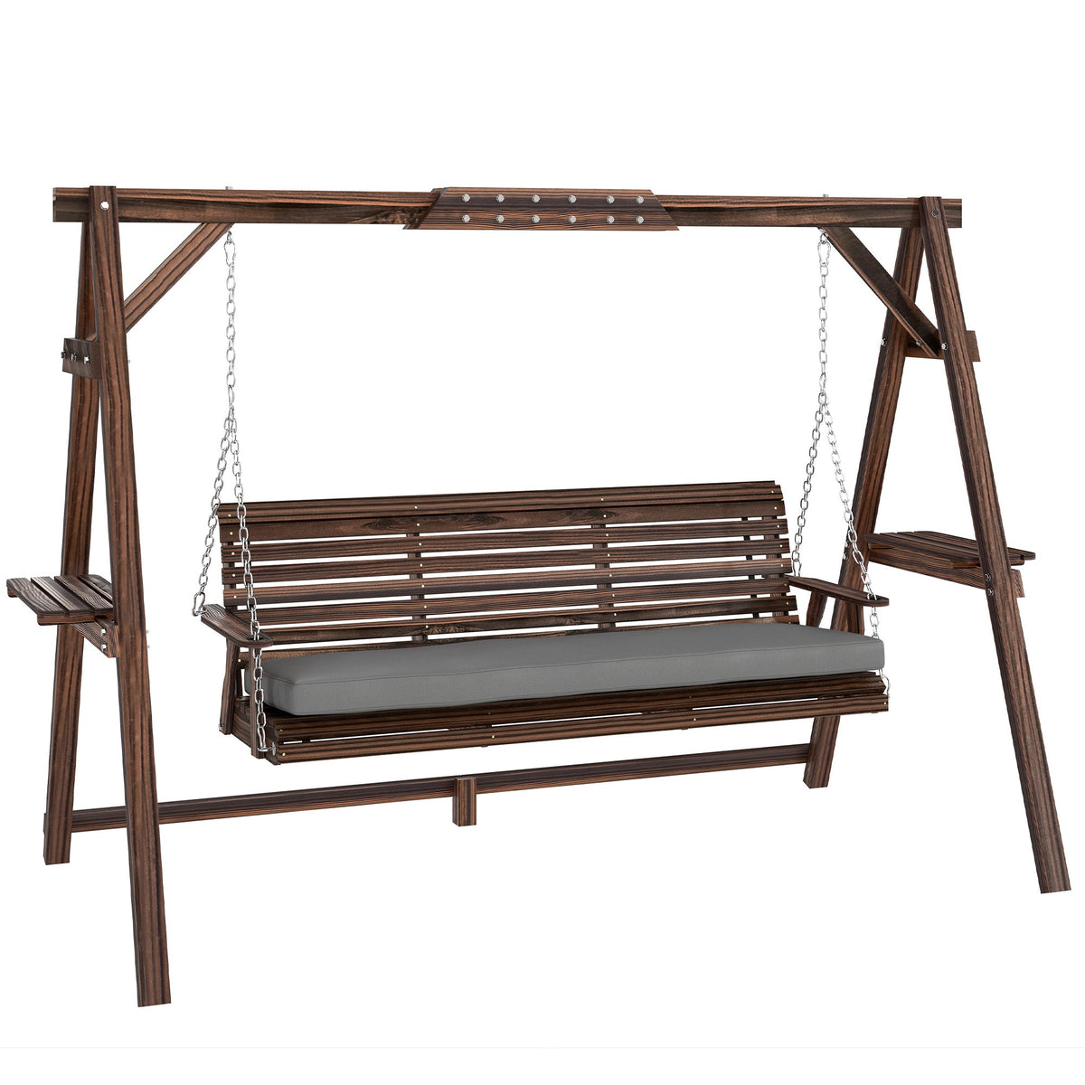 3 Seater Wooden Garden Swing Seat with Cushion and Side Trays, Carbonised Brown — product view 1