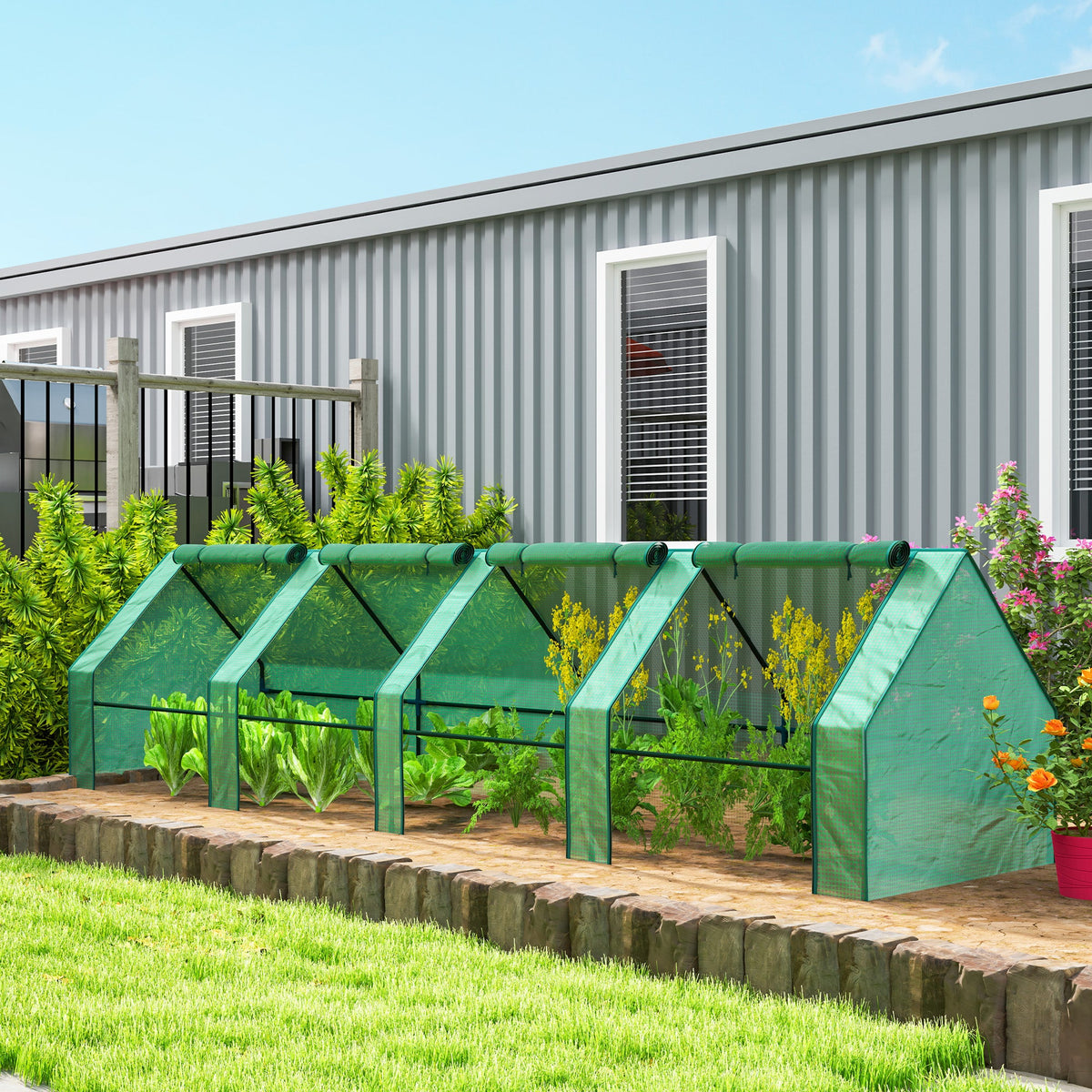 12' x 3' x 3' Portable Mini Greenhouse with Zippered Doors & Roll-up Windows, UV-Protected PE Cover, Green — product view 3