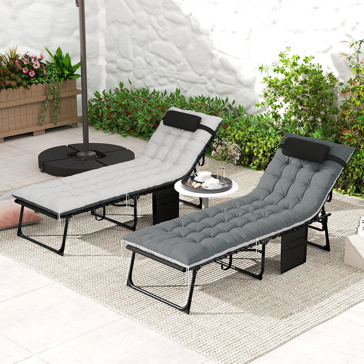 Set of 2 Folding Lounge Chairs with Cushion and Side Pocket, Black/Grey — product view 4