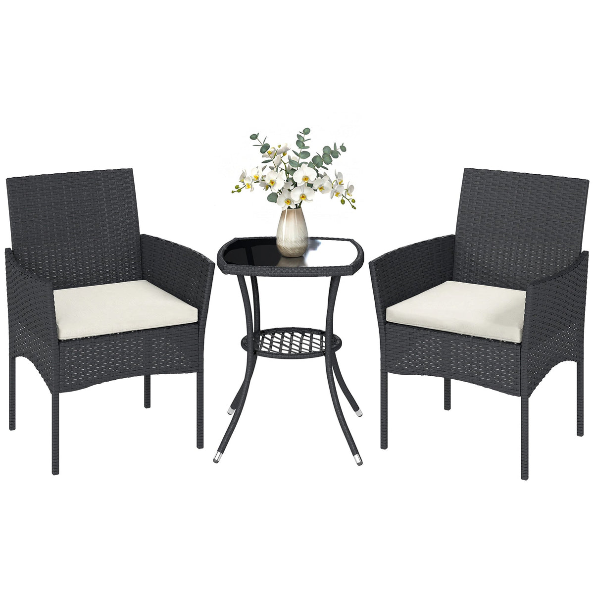 3-Piece PE Wicker Bistro Set with 2-Tier Glass Table and Cushions, Cream White — product view 1