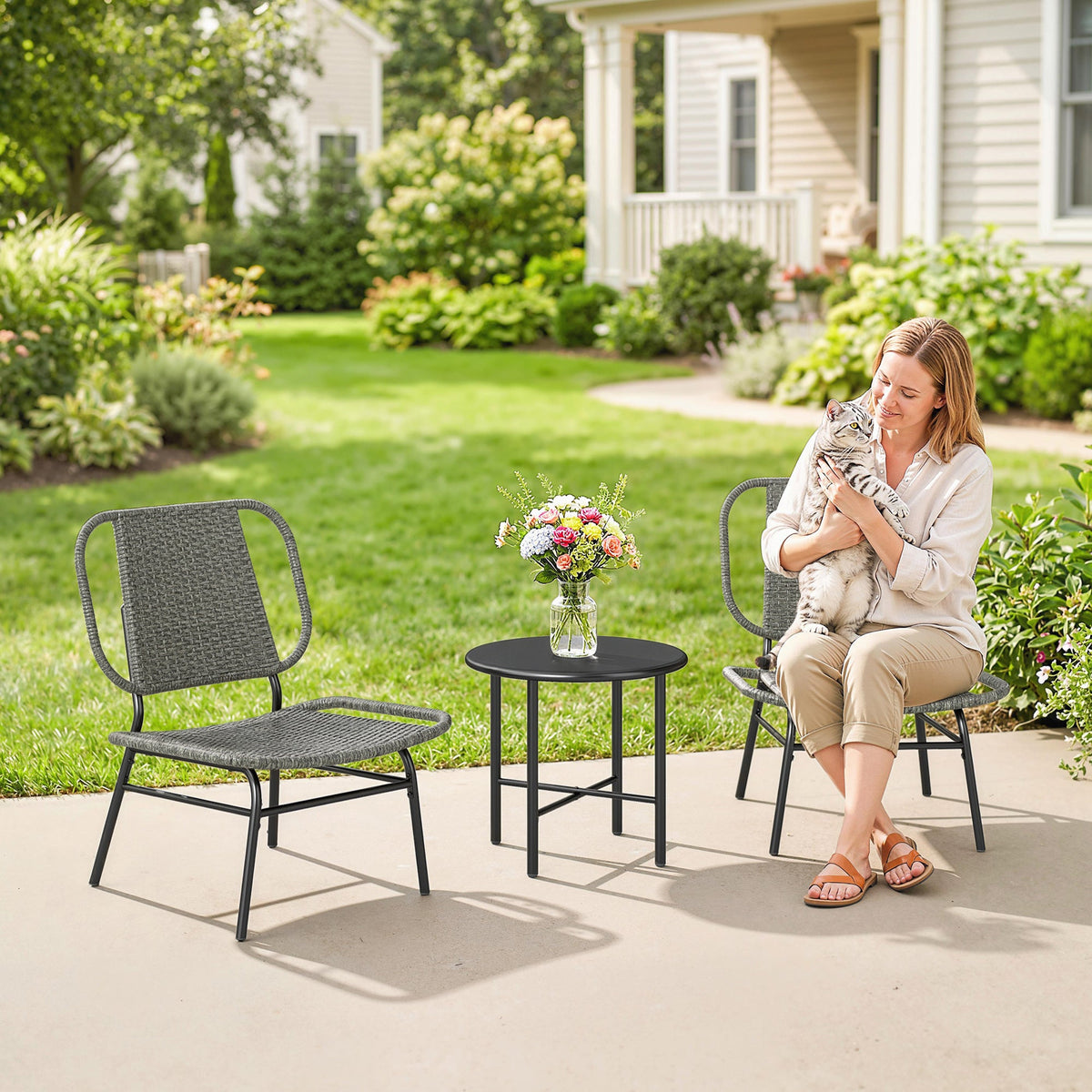 3 Piece Wicker Patio Bistro Set with 2 Armless Chairs and Steel Table, Grey — product view 3